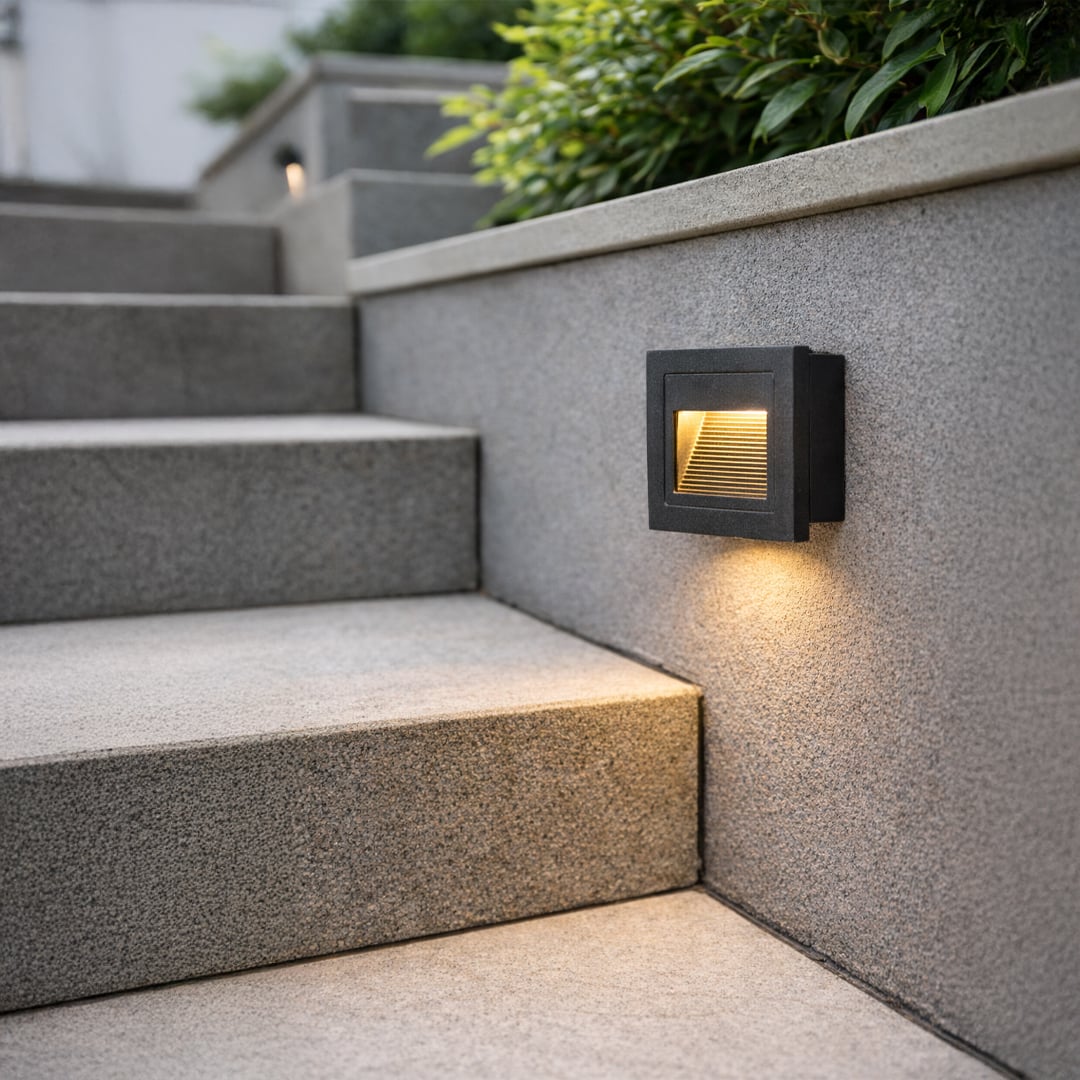 Black metal outdoor wall light with warm glow for modern exterior stair and pathway lighting decor styling.