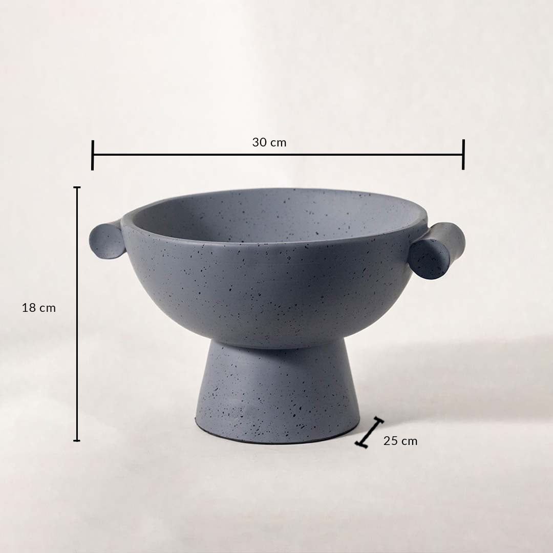Grey speckled pedestal bowl with handles shown in 30 cm size dimension view for accurate styling and placement.