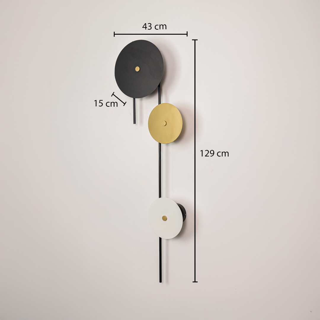Wall light dimensions image showing 129 cm height with 43 cm width and 15 cm disc depth highlighting sleek modern vertical wall light proportions.