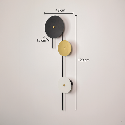Wall light dimensions image showing 129 cm height with 43 cm width and 15 cm disc depth highlighting sleek modern vertical wall light proportions.