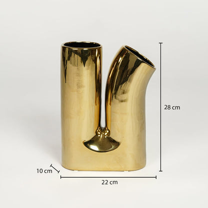 Gold metal decorative vase 28 cm height 22 cm width ideal for console table shelf and living room decor.