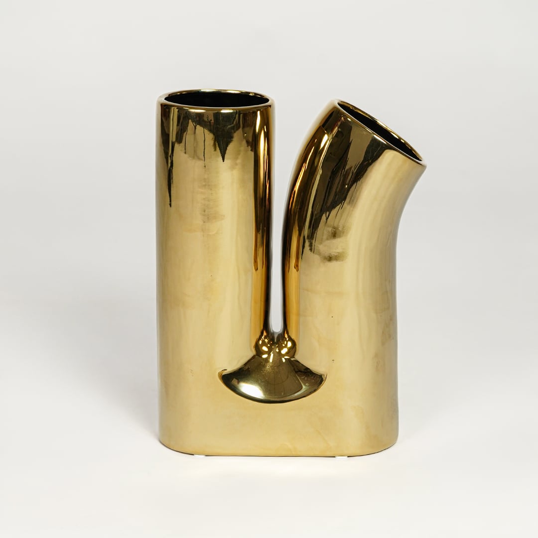 Modern gold metal double neck flower vase with polished surface for minimalist luxury home decor.