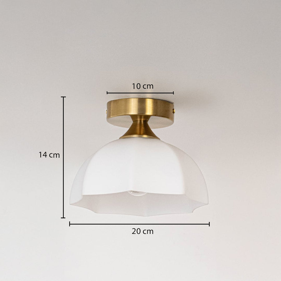 White glass gold ceiling light with 20 cm diameter 14 cm height and 10 cm canopy for modern decor spaces.