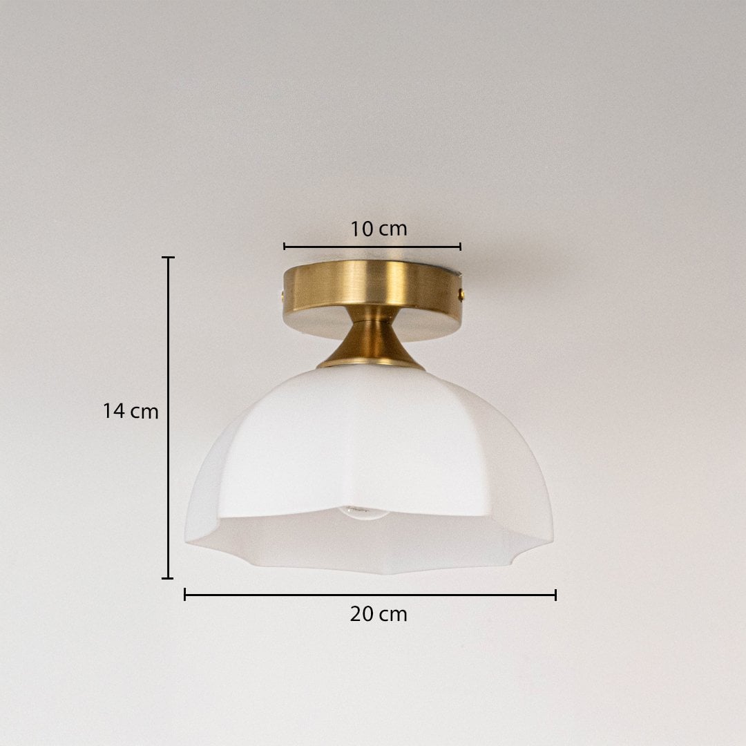 Gold metal ceiling light with white glass shade measuring 14 cm height and 20 cm width suitable for compact ceilings.