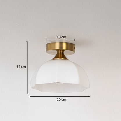Gold metal ceiling light with white glass shade measuring 14 cm height and 20 cm width suitable for compact ceilings.