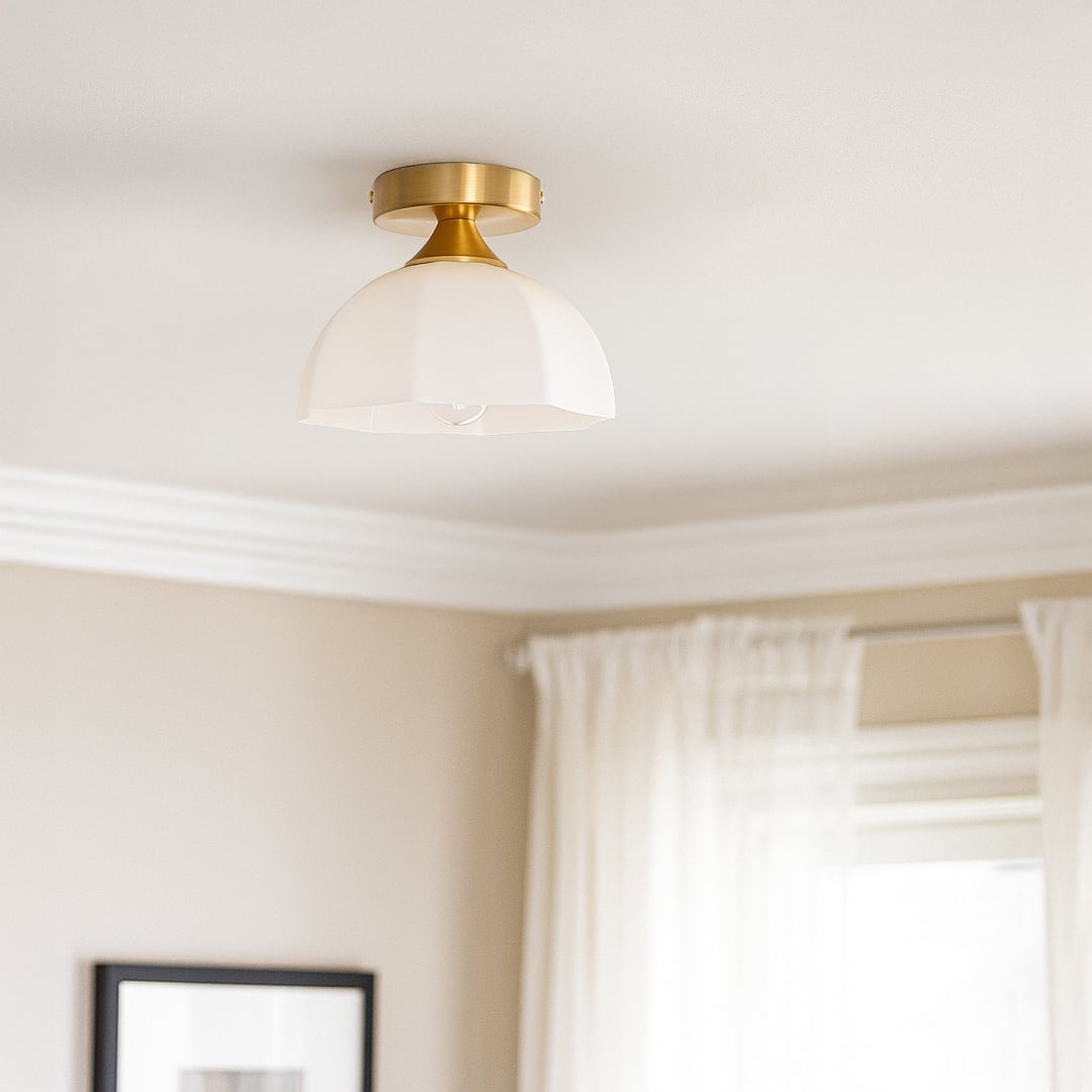 Modern white glass and gold metal ceiling light in elegant bedroom setting for classic home decor and ambient lighting spaces.