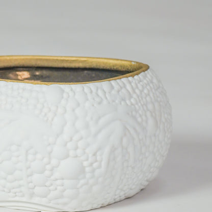 Closeup image of white ceramic textured bowl with gold rim for elegant dining table decor styling and modern finish.