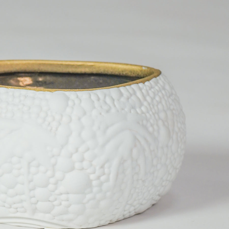 Closeup image of white ceramic textured bowl with gold rim for elegant dining table decor styling and modern finish.