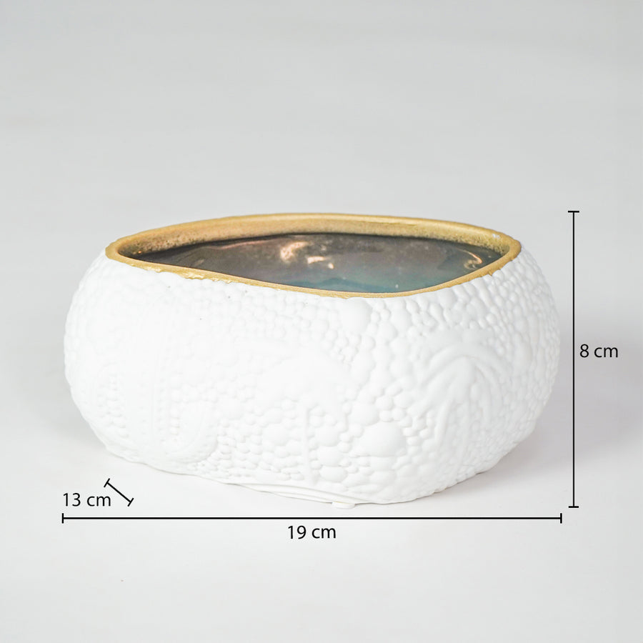 White textured ceramic bowl with gold rim dimension image with 8 cm height and 19 cm width for decor.