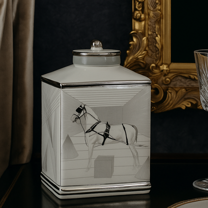 Large white ceramic jar showcasing black crane artwork placed on an ornate console table serving as a luxurious statement décor piece for elegant interior styling.