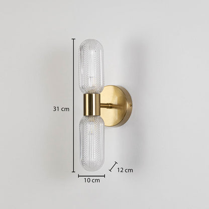 Gold wall sconce with dual textured glass tube shades shown with size 31 cm height 10 cm width 12 cm depth for accurate fitting view.