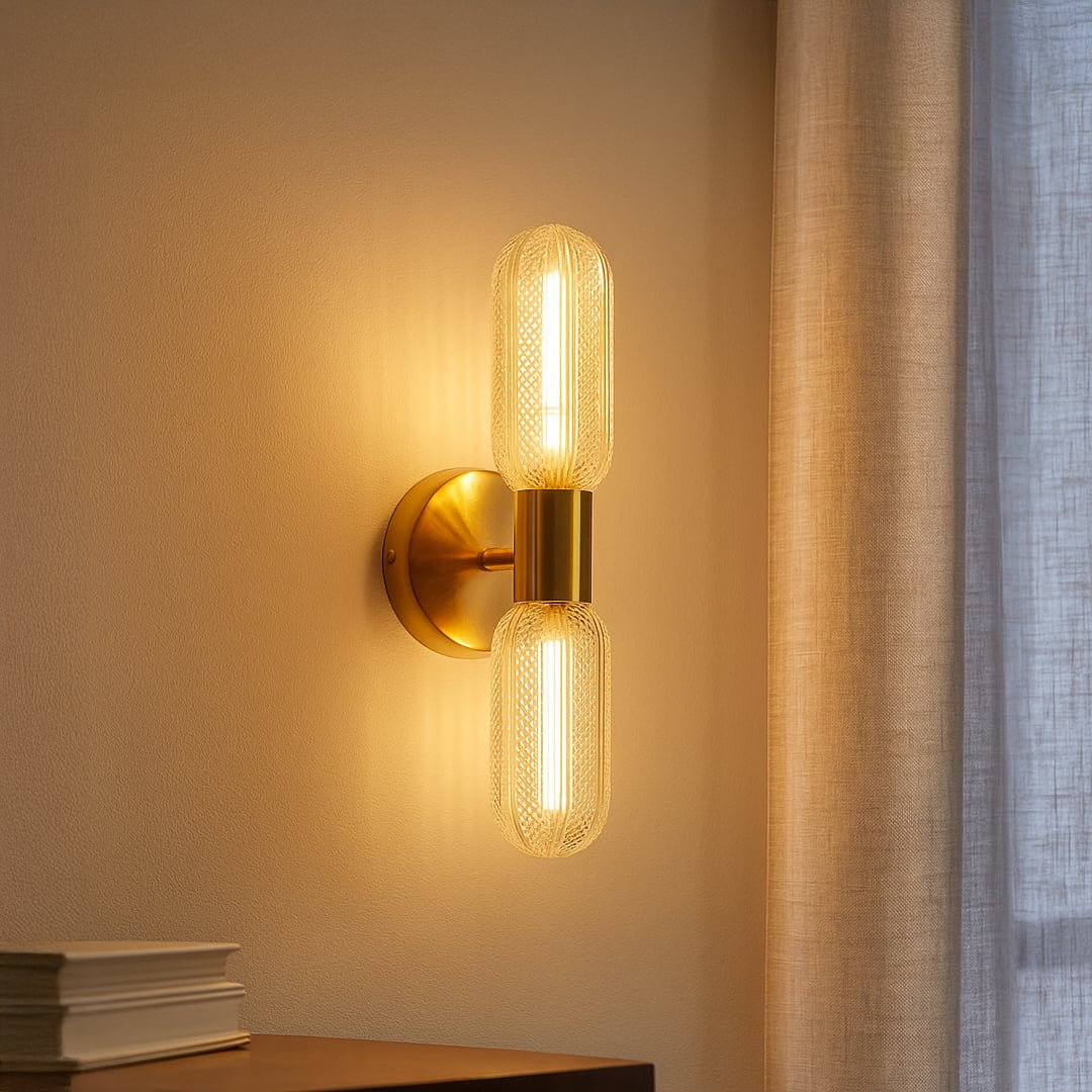 Luxury gold wall sconce with dual glass tube shades glowing warmly creating cozy living room ambiance with sofa and wall mirror décor.
