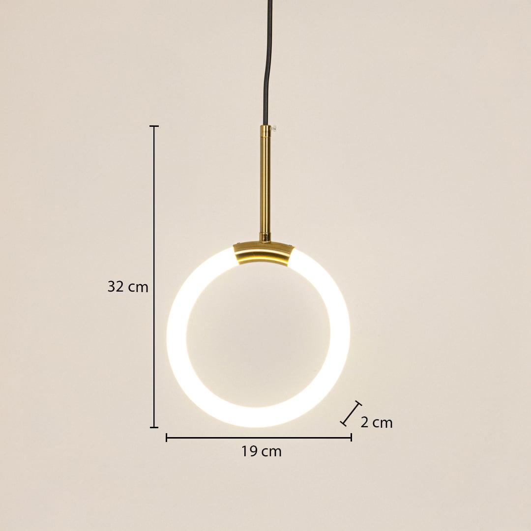 Gold round pendant light with measurements 32 cm height and 19 cm width shown on white background.