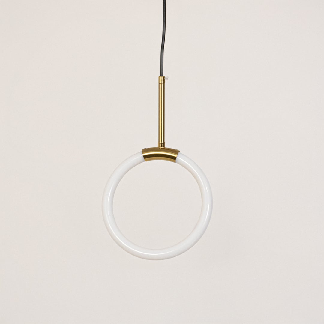 Gold and white modern circular pendant light turned off on clean white background for product display.