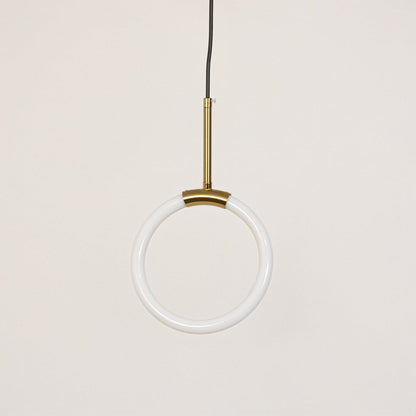 Gold and white modern circular pendant light turned off on clean white background for product display.