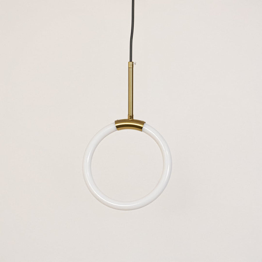 Gold and white modern circular pendant light turned off on clean white background for product display.