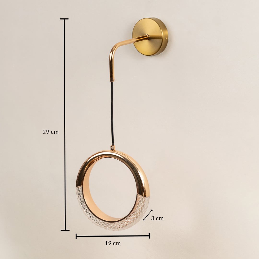 Circular pendant lamp with golden finish and crystal detail shown with 29 cm height and 19 cm width.