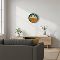 Green and natural woven wall basket displayed above a sofa for elegant bohemian wall decor and modern home interiors.