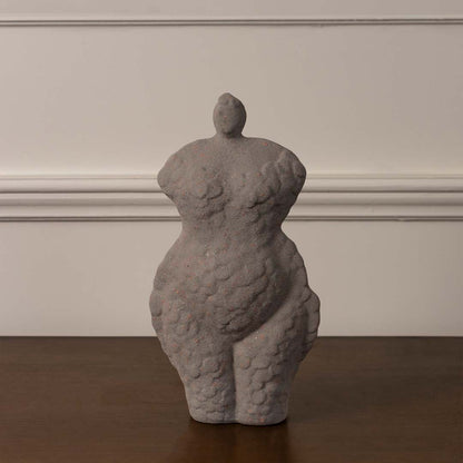 Grey ceramic torso sculpture vase with artistic textured finish designed for modern shelf and table decoration on white background.