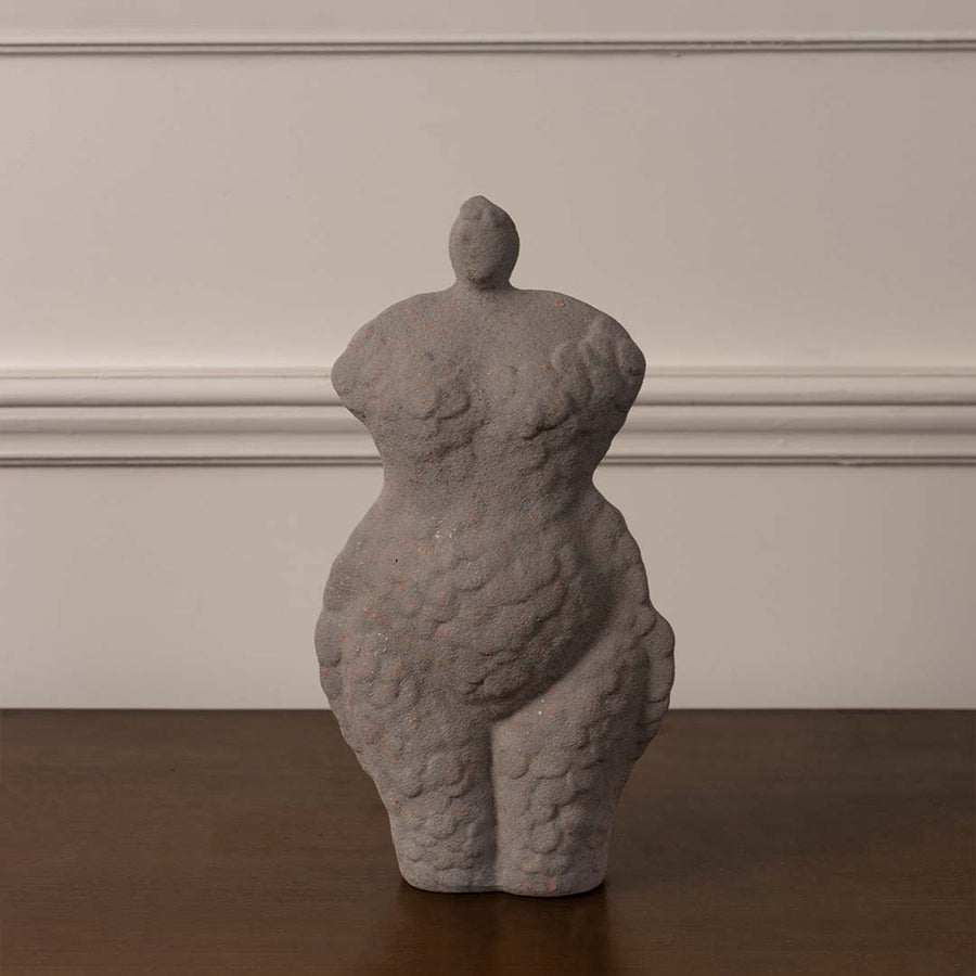Grey ceramic torso sculpture vase with artistic textured finish designed for modern shelf and table decoration on white background.