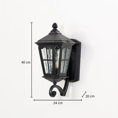 Outdoor wall light measuring 40 cm height 24 cm width and 20 cm depth displayed on white background with dimensions.