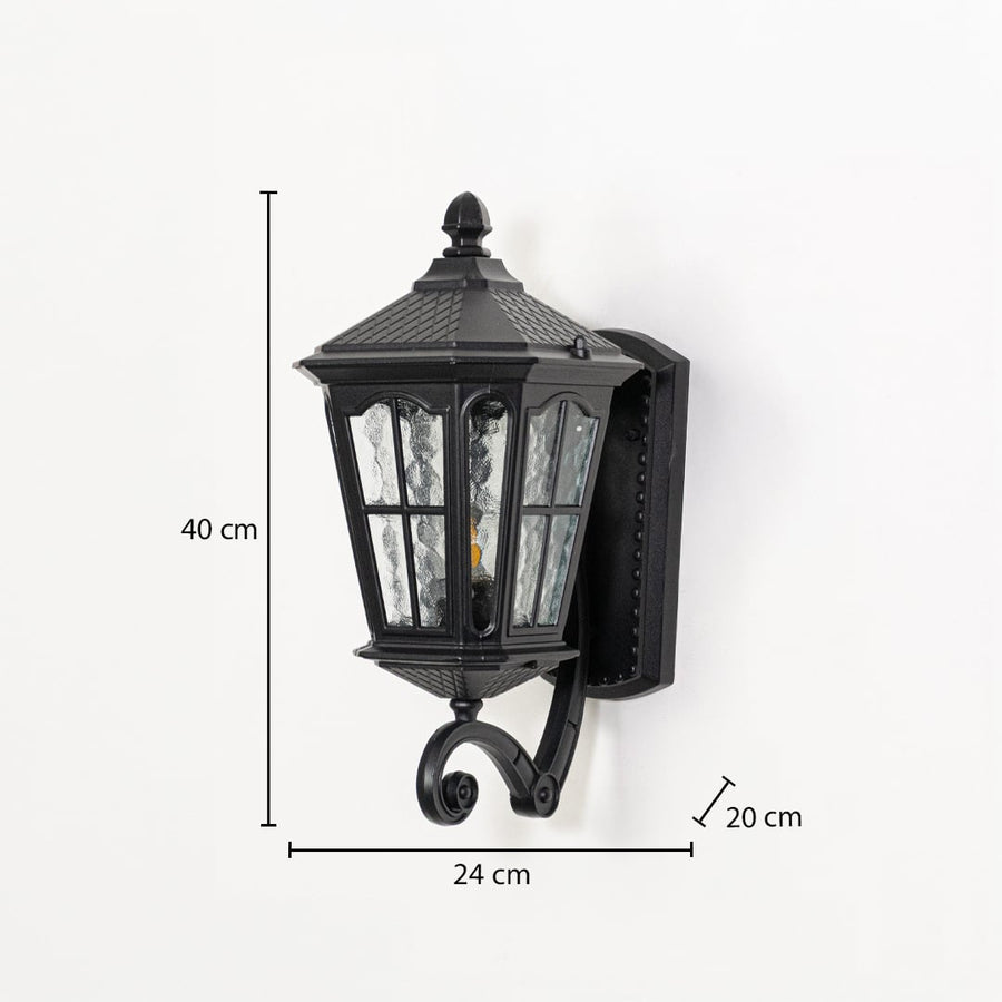 Outdoor wall light measuring 40 cm height 24 cm width and 20 cm depth displayed on white background with dimensions.