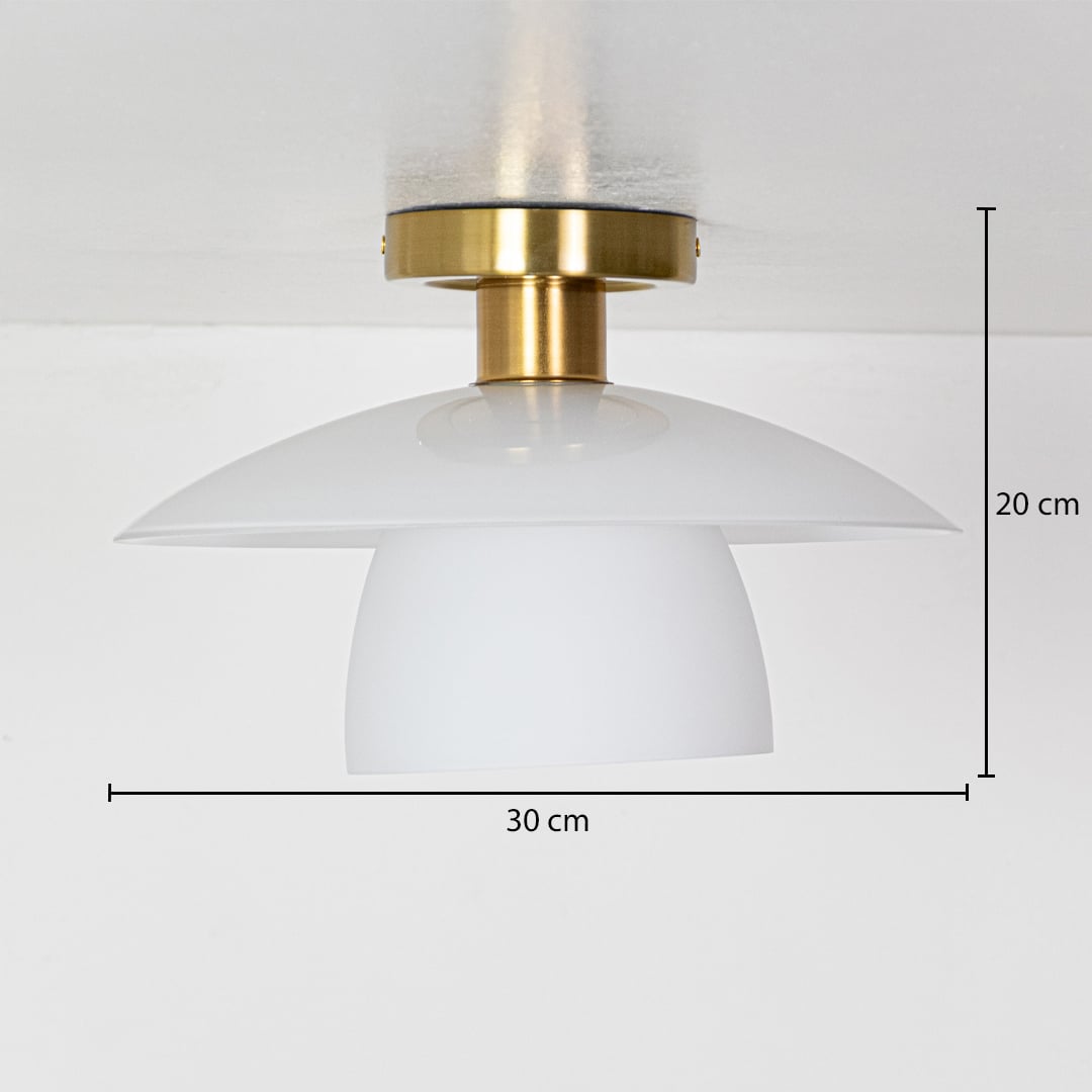 Gold metal ceiling light shown with precise measurements including 30 cm width and 20 cm height for accurate ceiling placement and installation planning.