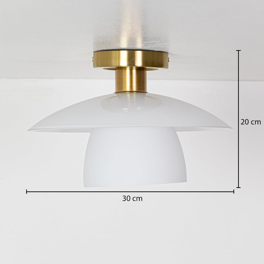 Gold metal ceiling light shown with precise measurements including 30 cm width and 20 cm height for accurate ceiling placement and installation planning.