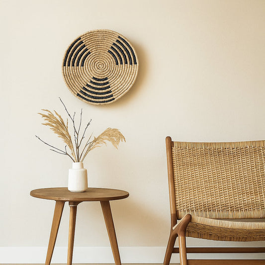 Handwoven round wall basket Decor displayed on a soft neutral wall above a wooden side table with dried grass and a woven chair creating a calm earthy and minimalist interior setting.