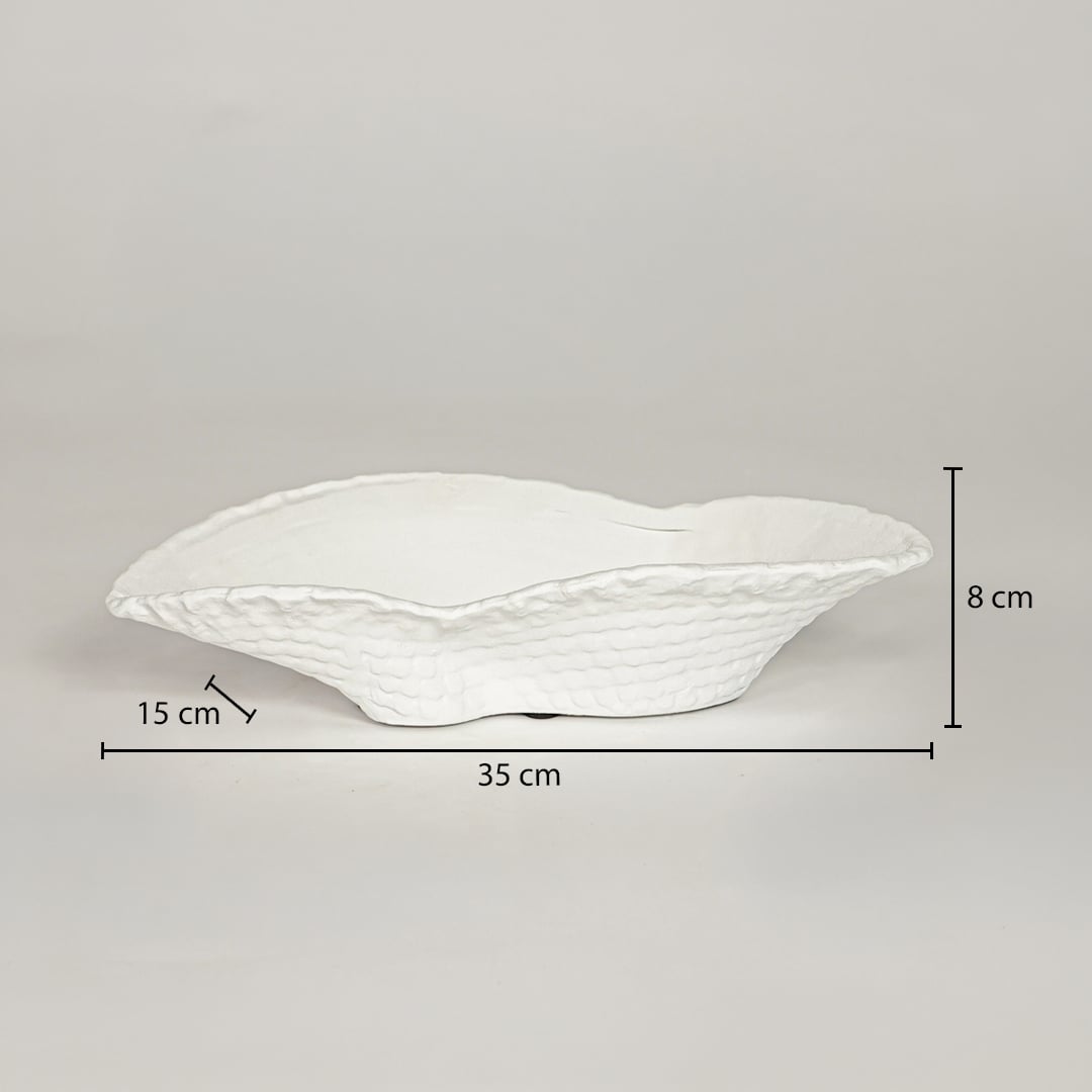 White ceramic decorative serving bowl showing 35 cm length 15 cm width and 8 cm height ideal for dining table centerpiece decor.