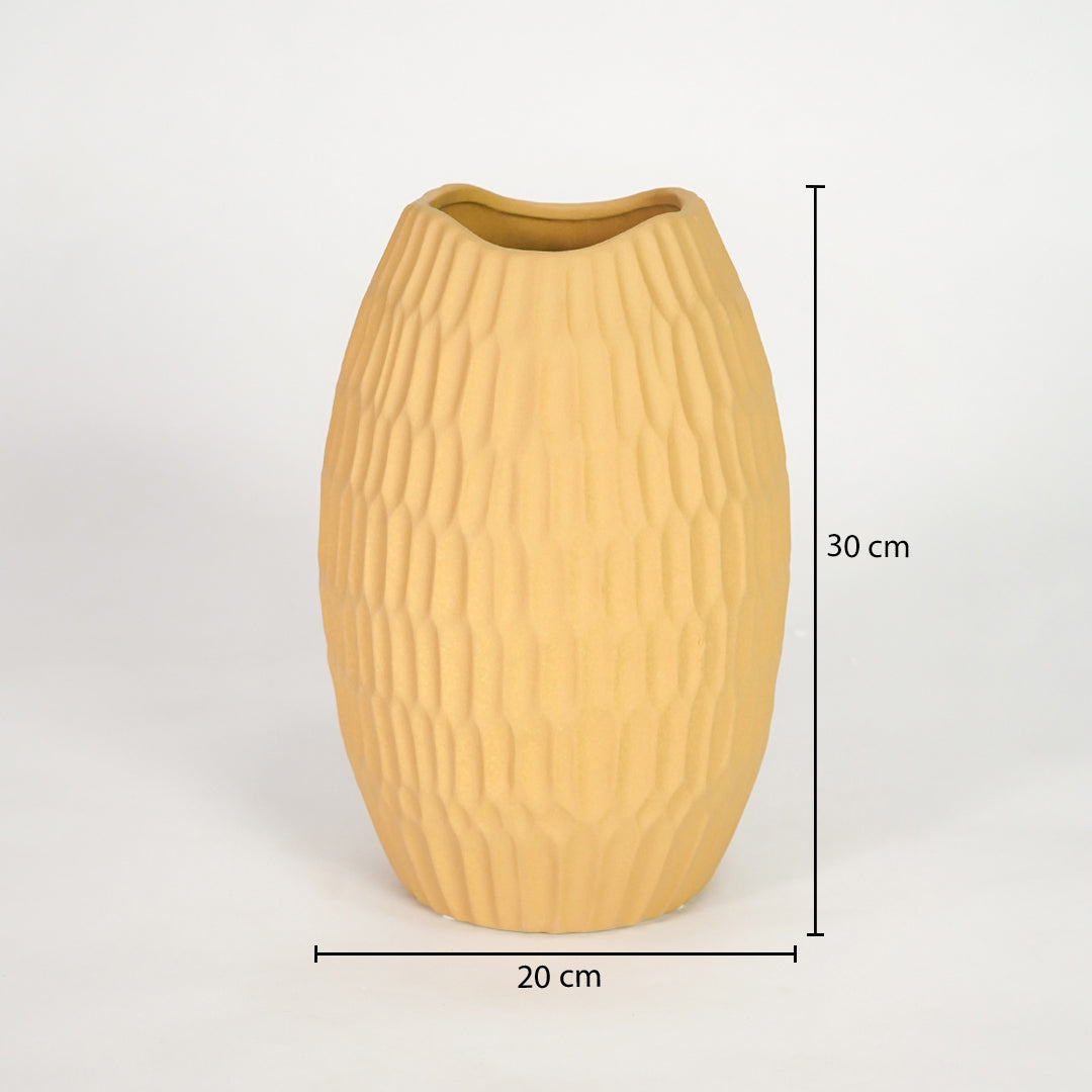 Yellow textured ceramic vase dimension image with 30 cm height and 20 cm width for modern shelf decor.