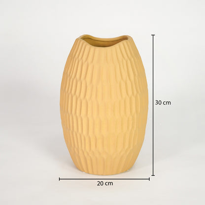 Yellow textured ceramic vase dimension image with 30 cm height and 20 cm width for modern shelf decor.