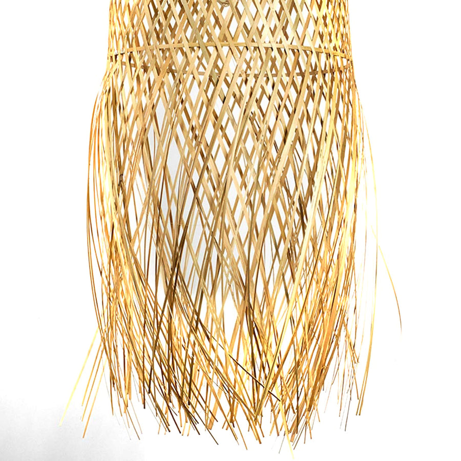 Natural woven rattan pendant light with flowing fringe texture displayed on white background for boho inspired ceiling lighting decor.
