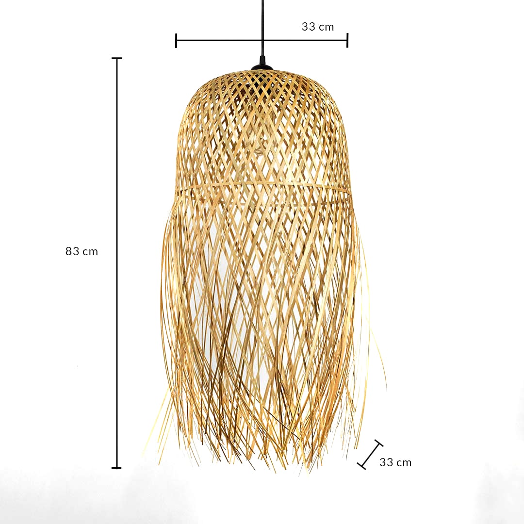 Tall rattan pendant light with bamboo fringe shade shown with 83cm height and 33cm width for room placement.