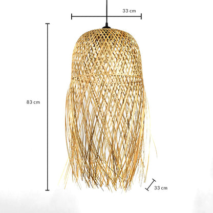 Tall rattan pendant light with bamboo fringe shade shown with 83cm height and 33cm width for room placement.
