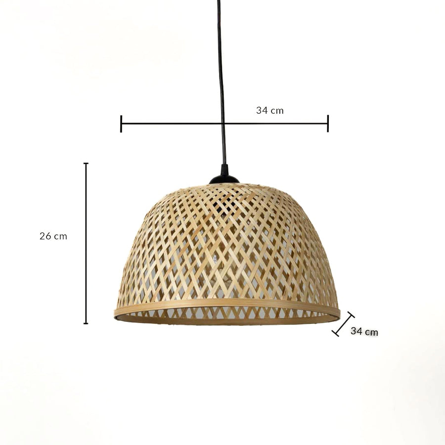 Dimension image of lattice weave bamboo dome pendant light with rattan frame showing 26 cm height and 34 cm width.