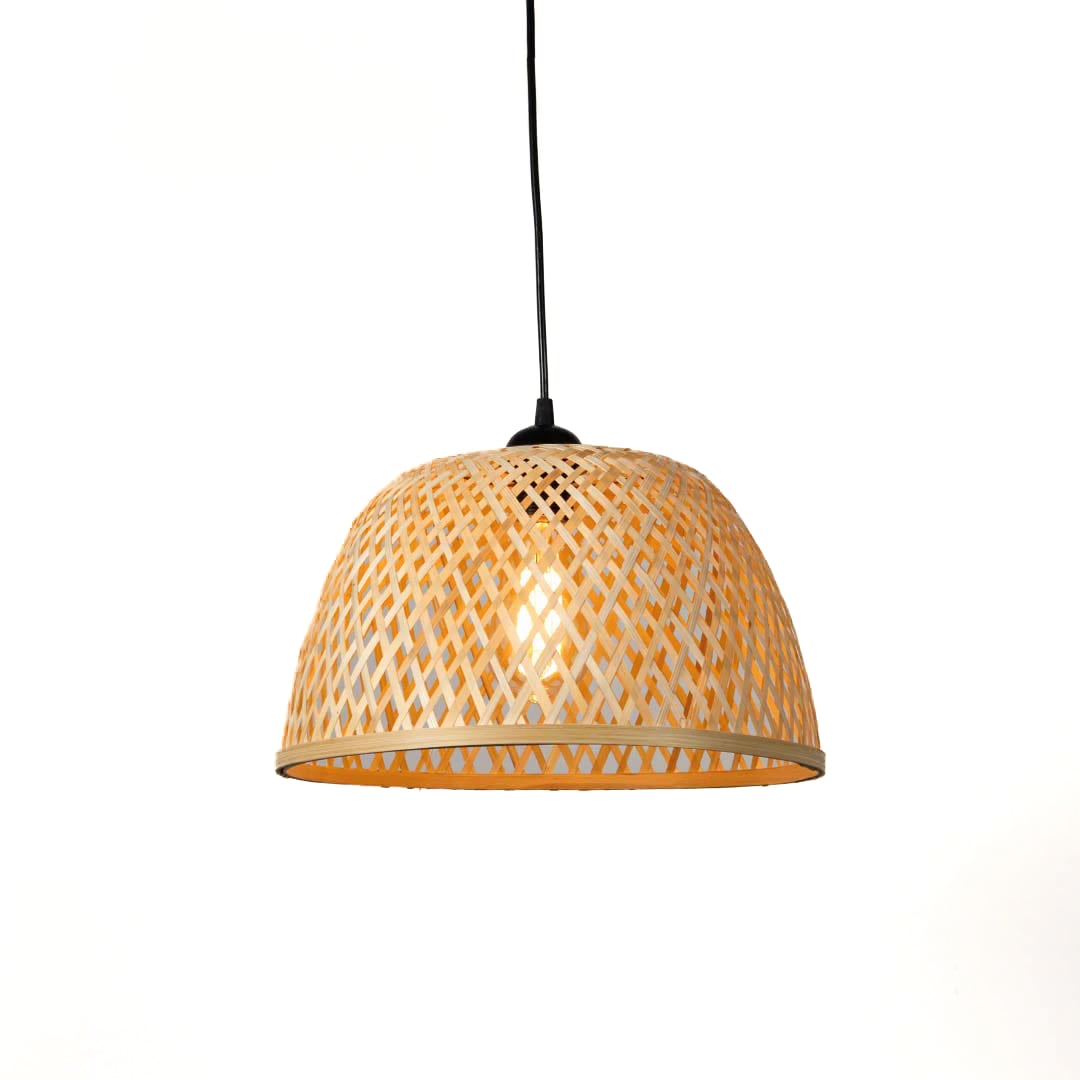 Natural beige rattan pendant light displayed on white background for stylish bohemian home decor.