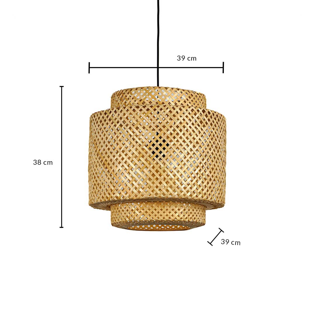 Dimension image of tiered cylindrical bamboo pendant light with woven rattan frame showing 38 cm height and 39 cm width.