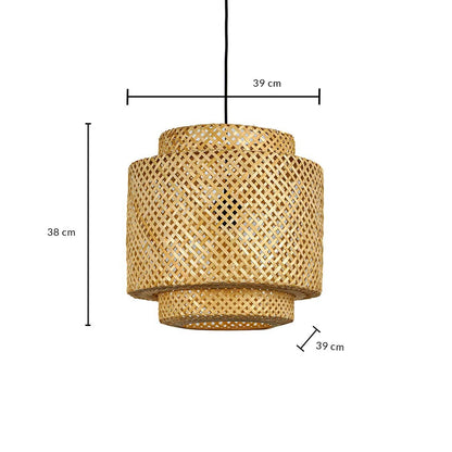 Dimension image of tiered cylindrical bamboo pendant light with woven rattan frame showing 38 cm height and 39 cm width.