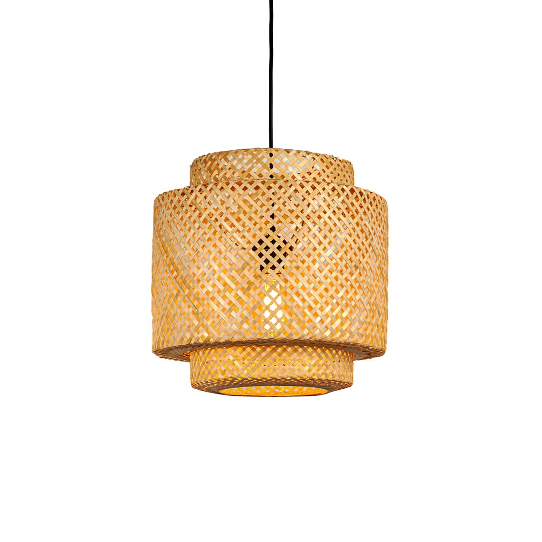 Double layer woven rattan pendant light with textured shade modern hanging lamp for kitchen dining room decor lighting.