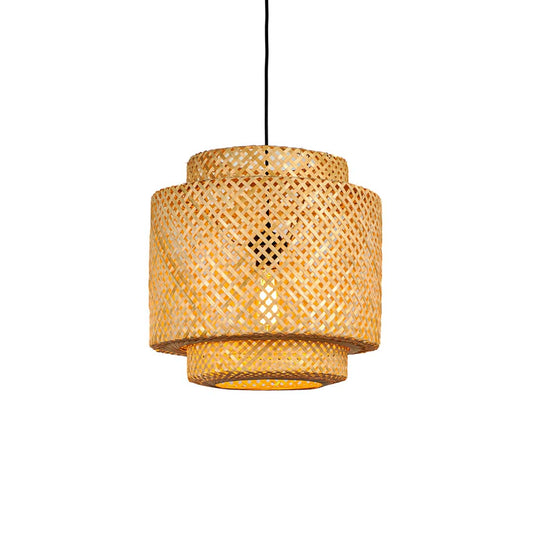 Double layer woven rattan pendant light with textured shade modern hanging lamp for kitchen dining room decor lighting.