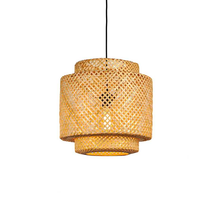 Double layer woven rattan pendant light with textured shade modern hanging lamp for kitchen dining room decor lighting.