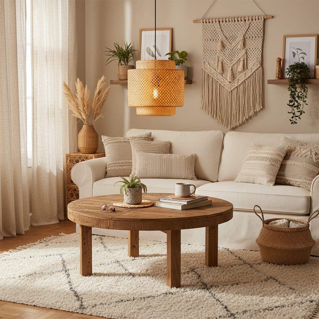 Boho tiered woven cane pendant light hanging in a cozy living room with cream sofa macrame wall art and a round wooden coffee table in daytime.
