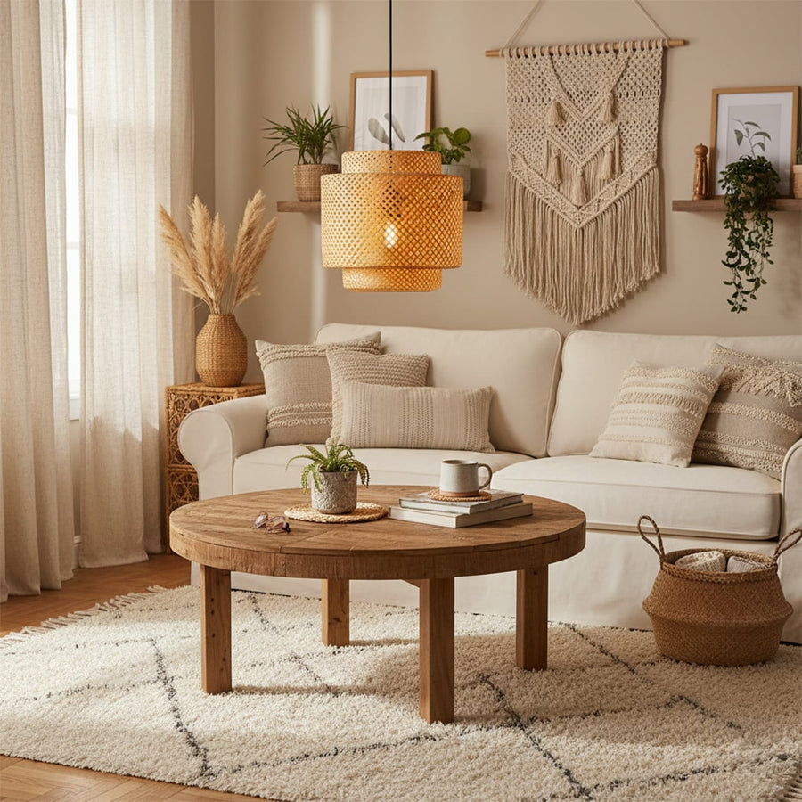 Boho tiered woven cane pendant light hanging in a cozy living room with cream sofa macrame wall art and a round wooden coffee table in daytime.