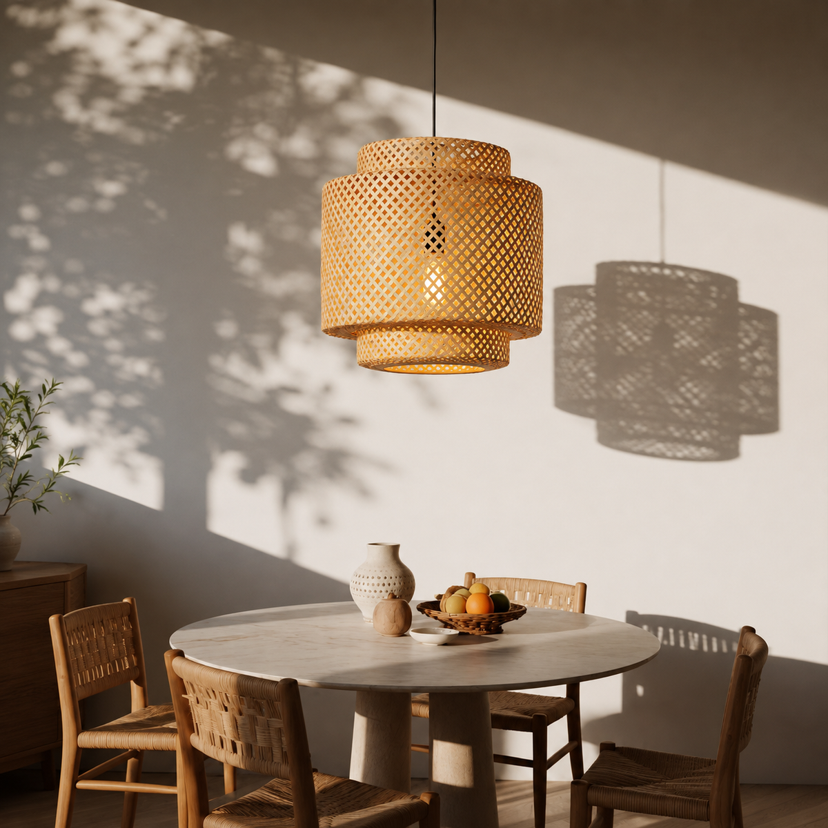 A natural woven rattan pendant light hangs over a round dining table in a sunlit room with wooden chairs and strong leaf shadows on the wall.