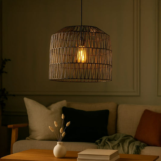 Black wire pendant light adding a contemporary handcrafted accent to interiors with elegant geometric weave and soft warm glow.