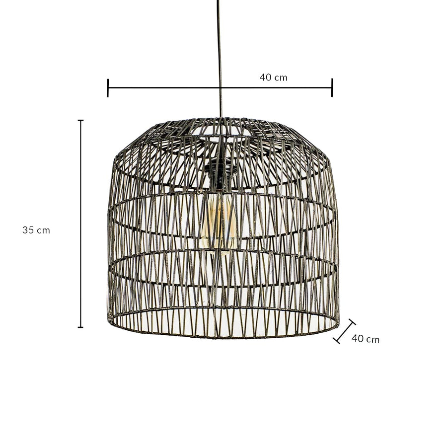 Black woven pendant light dimension image showing 35 cm height and 40 cm width ideal for dining room or living area illumination.