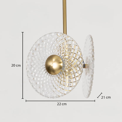 Crystal pendant ceiling light with golden metal fitting and glass discs showing 20 cm height and 22 cm width details.