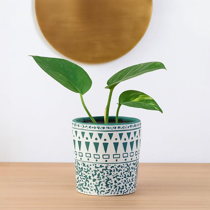 A decorative ceramic planter with teal and white patterns styled in a soft setting showing its artistic detailing for a modern home decor look.