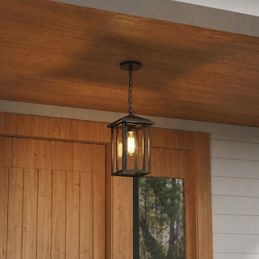 Modern black metal box hanging lantern light enhancing wooden porch decor with warm ambient lighting.